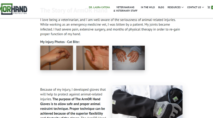 Dr Laura Catena's cat bite before inventing ArmOR Hand Animal Handling Gloves